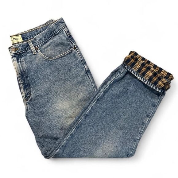 L.L.Bean Flannel Lined Jeans Mens 36x30 Blue Natural Fit Plaid Warm Workwear - Picture 3 of 6